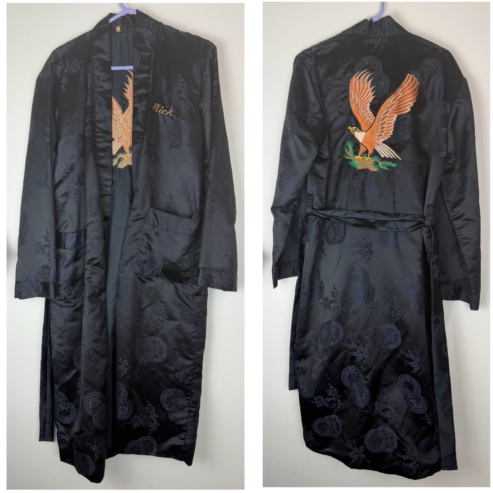 Vintage Smoking Robe Eagle Embroidery Black Satin Embossed